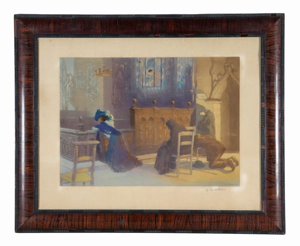 Color lithograph "Prayer in the church"