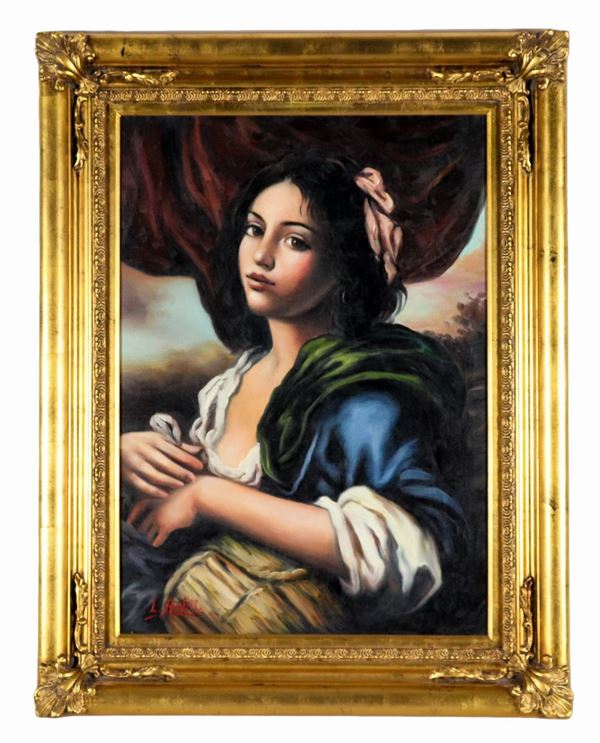 Pittore Italiano XX Secolo - Signed. "Portrait of a young girl", oil painting on canvas
