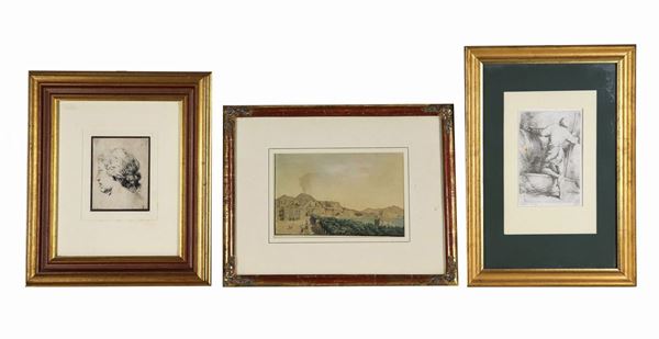 "Head of a man", "View of Vesuvius" and "Contadino", ancient lot of two ink drawings and a watercolor