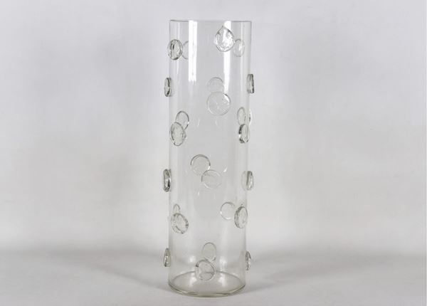 Grande vaso a cilindro in cristallo con lavorazione a rilievo a motivi di bolle