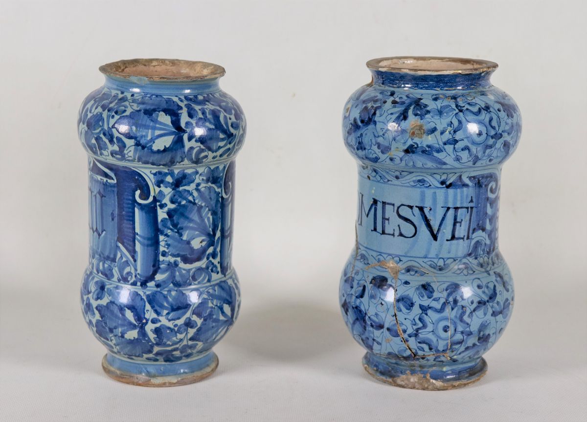 Coppia di albarelli da farmacia in maiolica smaltata con decorazioni in blu