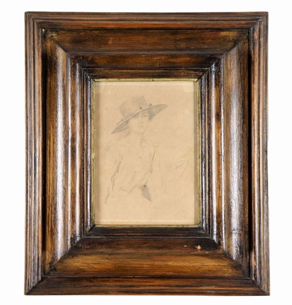 Pietro Scoppetta - Signed. "Portrait of the wife", pencil drawing on paper
