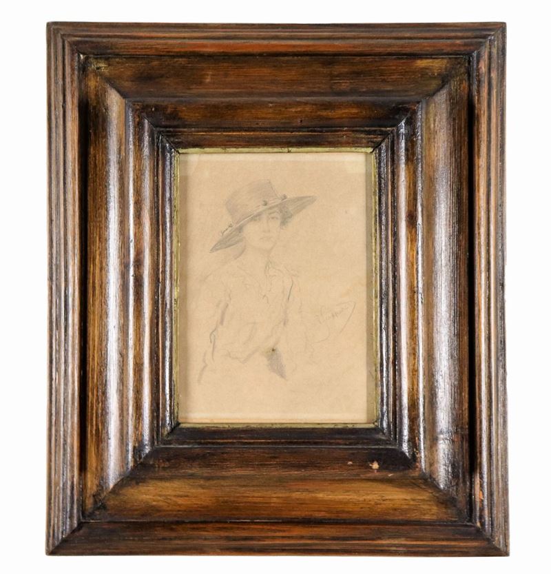Firmato. "Ritratto della moglie", disegno a matita su carta