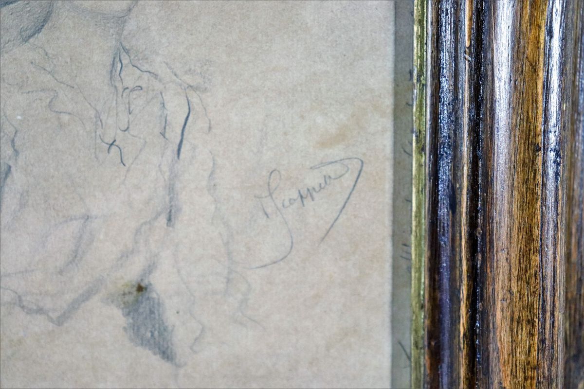 Firmato. "Ritratto della moglie", disegno a matita su carta