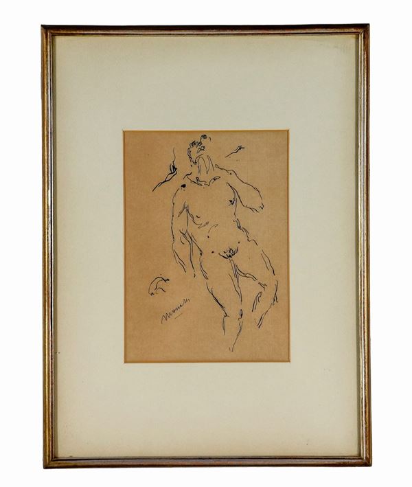 Pittore Contemporaneo -  Signed. "Nudo di uomo" ink drawing on paper 27.5 x 19.5 cm