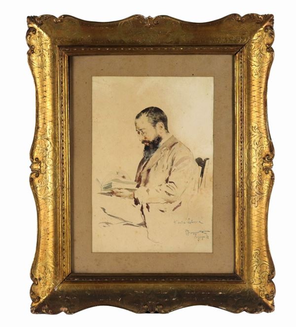 Pietro Scoppetta - Signed and dated June 20, 1892. "Self-portrait", watercolor on paper