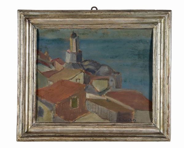 Mario Princivalle (Pittore Italiano Inizio XX Secolo) - Signed. "Roofs of houses", oil painting on cardboard