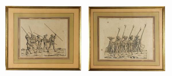 Pair of ancient engravings on "Armigeri" paper