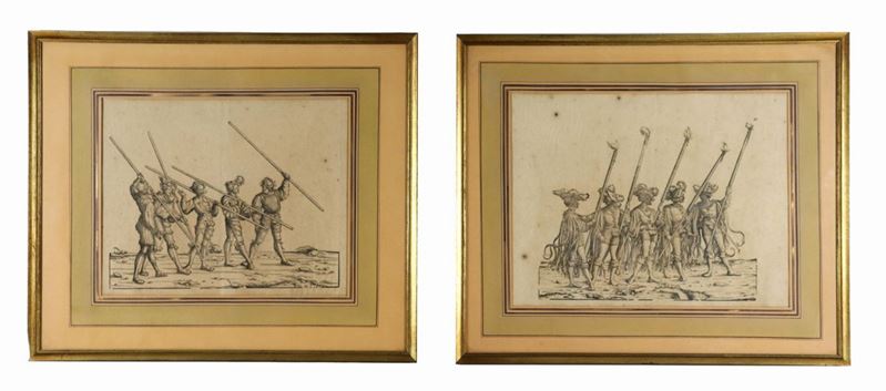 Coppia di antiche incisioni su carta "Armigeri"