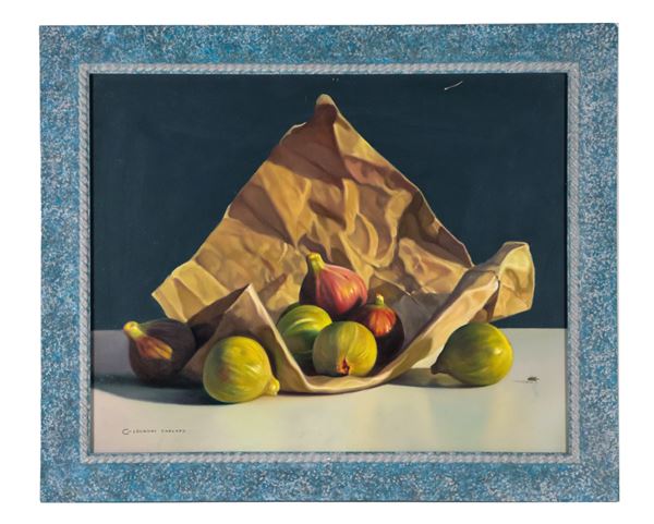 Giovanni Parlato - Signed. "Still life with fig packet" oil on plywood 40 x 50 cm