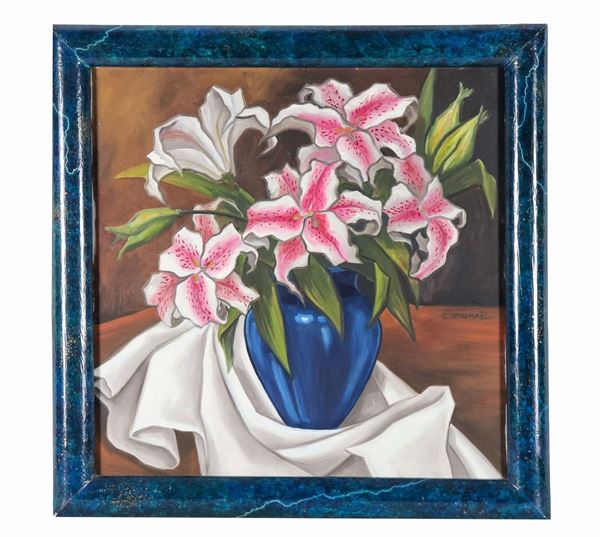Pittore Contemporaneo - Signed. "Lilium in the blue vase" oil on canvas 50 x 50 cm