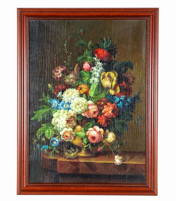 Scuola Italiana - "Still life with vase and bunch of flowers", oil painting on canvas