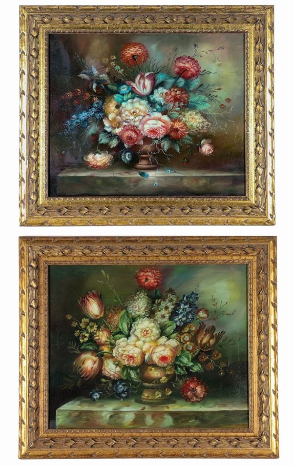 Scuola Italiana - "Still lifes with vases and bouquets of flowers", pair of oil paintings on canvas