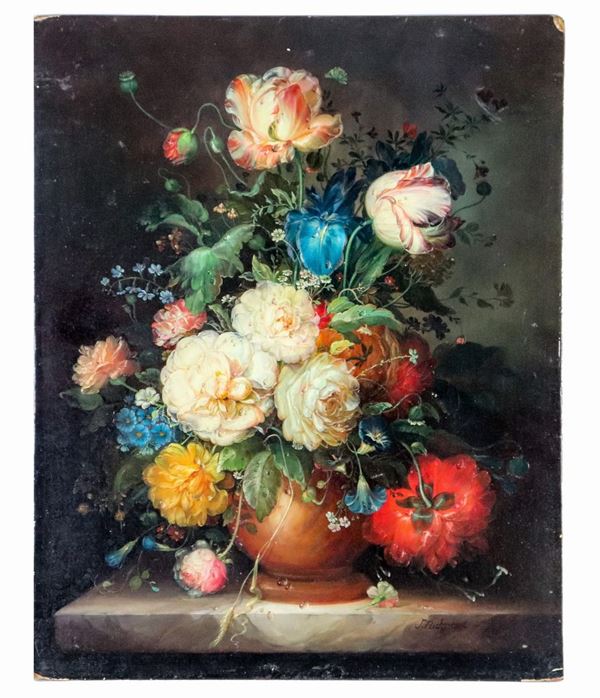 Scuola Inglese - Signed. "Still life with vase and bunch of flowers", oil painting on tablet