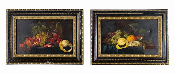 Scuola Italiana Fine XIX Secolo - "Still lifes with fruit, crustaceans and molluscs", pair of small oil paintings on canvas