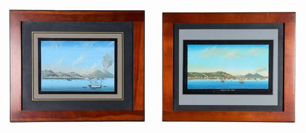 "Views of Naples from the sea with Vesuvius", pair of Neapolitan gouaches on paper