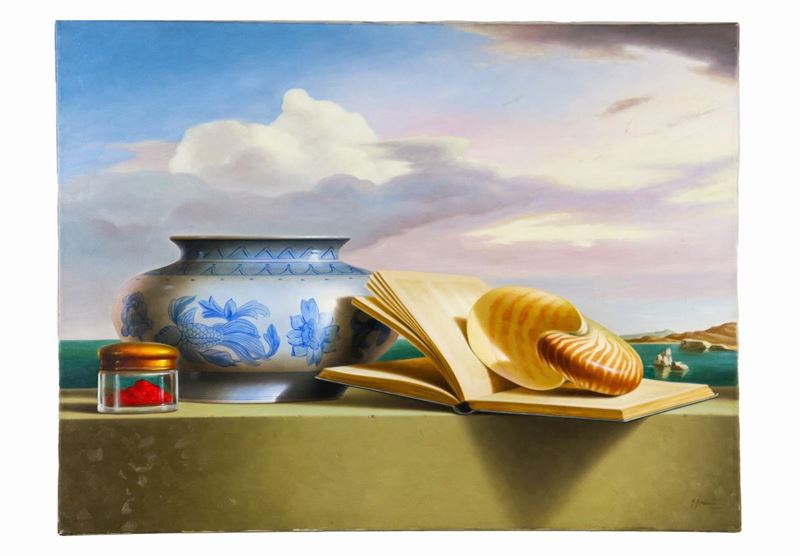 Firmato. "....Oltre le nuvole" olio su tela cm 60 x 80