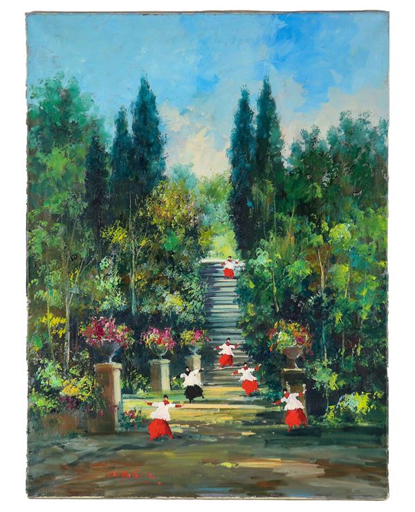 Norberto Martini - Signed. "Games in the park" oil on canvas 80 x 60 cm