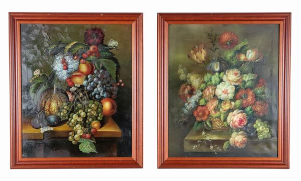 Scuola Italiana - "Nature morte con cesti di frutta e fiori", coppia di dipinti ad olio su tela