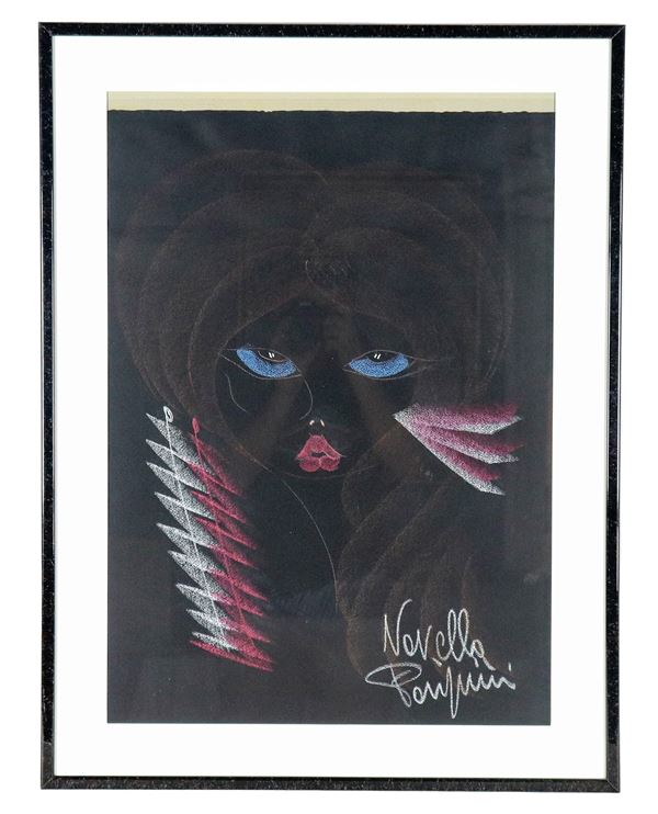 Novella Parigini - Signed. "Face of a cat", mixed media painting on paper