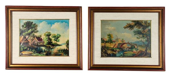 Pittore Francese XX Secolo - Firmati. "Paesaggi con corsi d'acqua", coppia di dipinti ad olio 