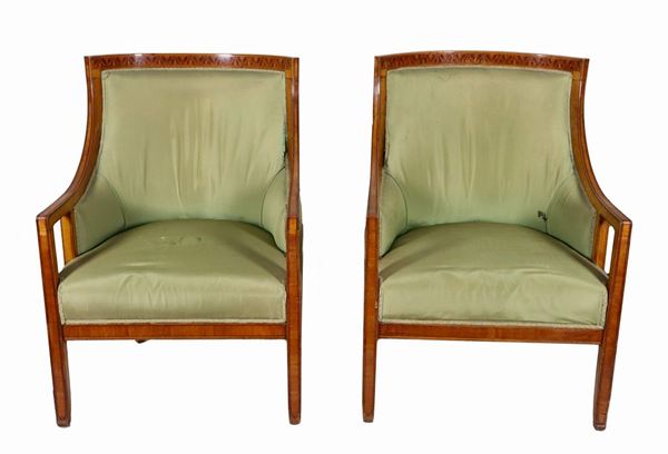 Pair of bergère armchairs in satin wood with inlaid threads, cover in green fabric
