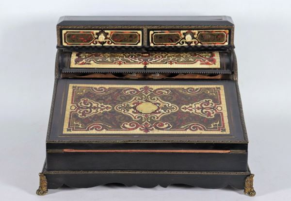 Antique Napoleon III travel desk in ebonized wood, red tortoise, ivory and gilt metal friezes