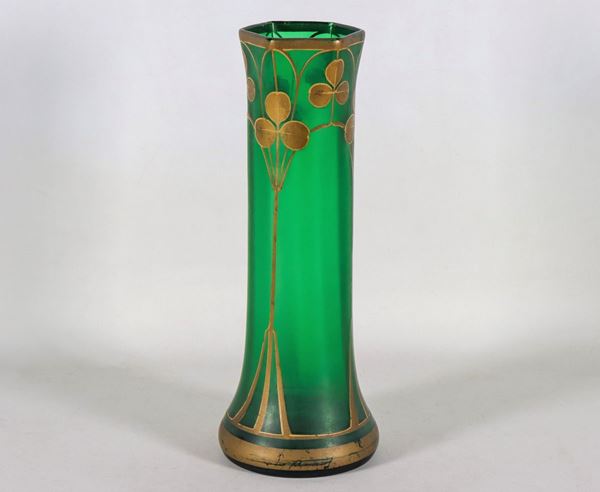 Liberty vase in green glass with golden decorations with flower motifs