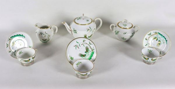 Richard Ginori porcelain tea set with green and gold decorations with flower and rooster motifs (6 pcs)