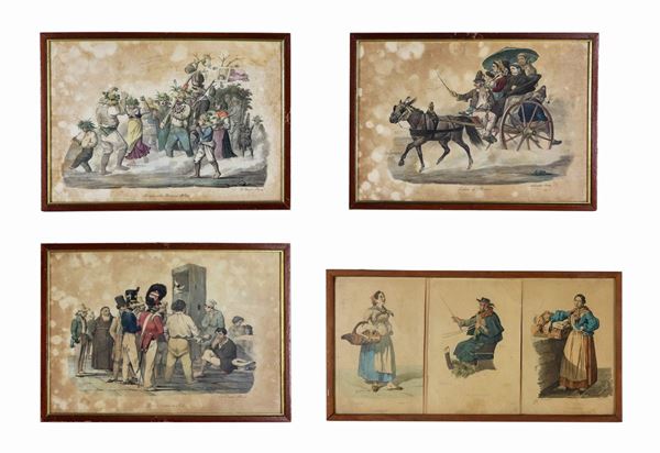 Lotto di quattro antiche incisioni acquarellate "Scene popolari napoletane"