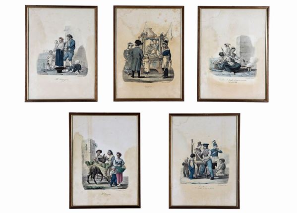 Lot of five ancient watercolor engravings "Neapolitan folk scenes"