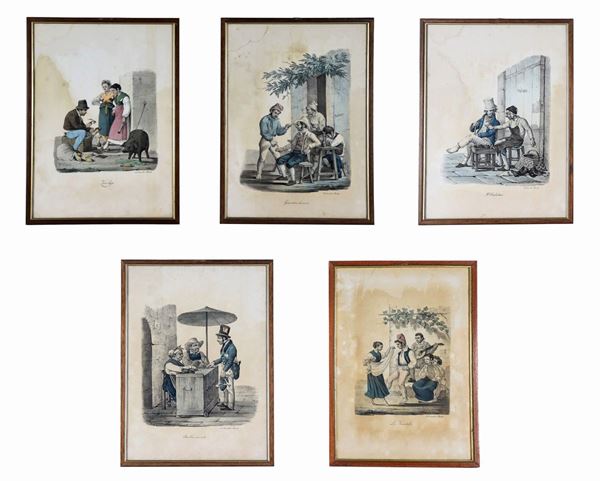 Lot of five ancient watercolor engravings "Neapolitan folk scenes"