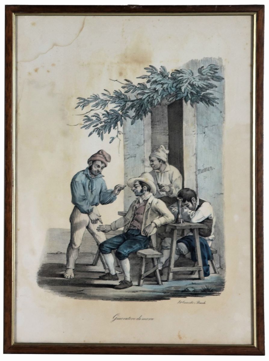 Lotto di cinque antiche incisioni acquarellate "Scene popolari napoletane"