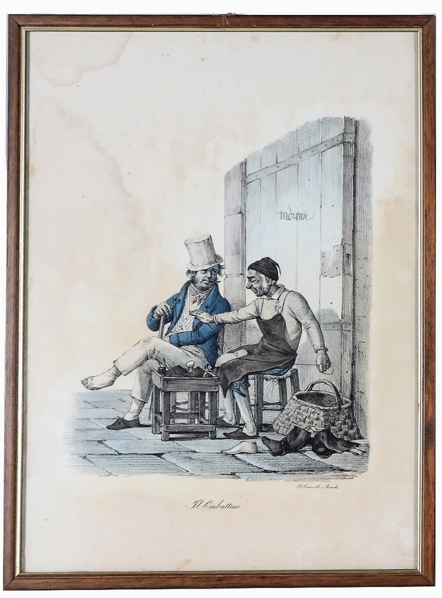 Lotto di cinque antiche incisioni acquarellate "Scene popolari napoletane"