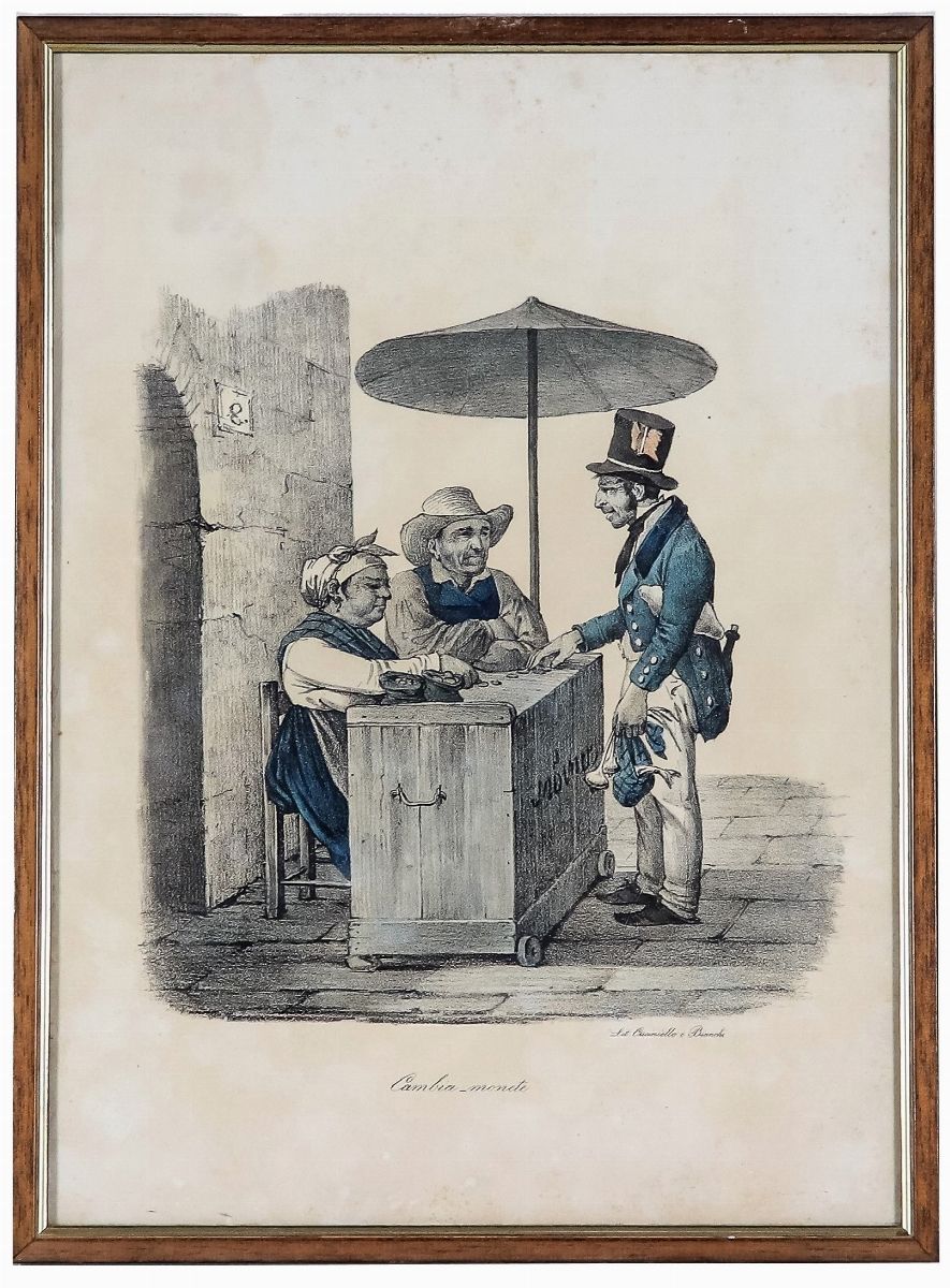Lotto di cinque antiche incisioni acquarellate "Scene popolari napoletane"