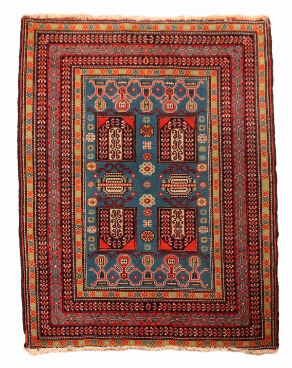 Tappeto persiano Kurdistan a fondo azzurro con bordo rosso, M. 1,43 x 1,06