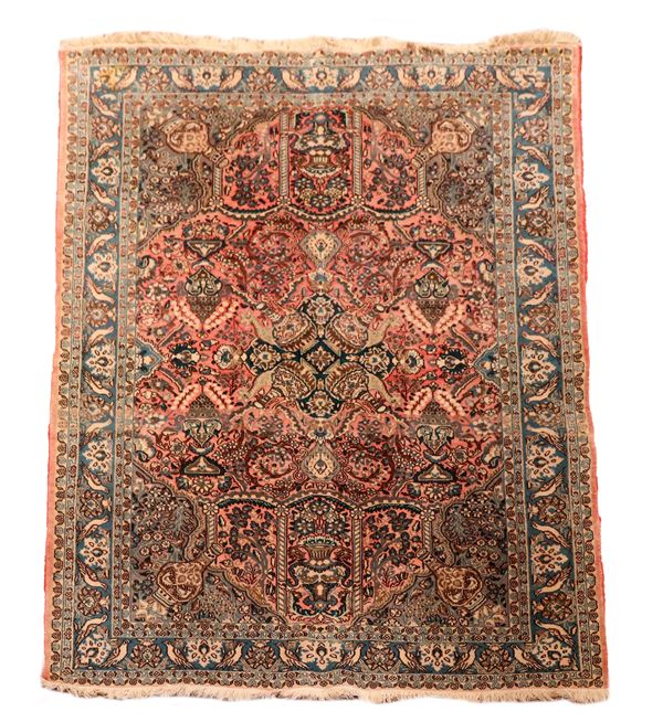 Tappeto persiano Zaranj a fondo rosso con bordo azzurro, M. 2,05 x 1,45