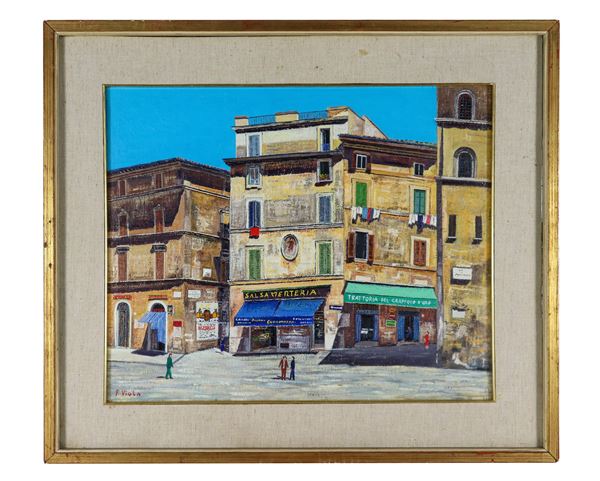 Viola Franco (XX Secolo) - Signed. "A glimpse of the streets of Rome" oil on cardboard 47 x 57 cm