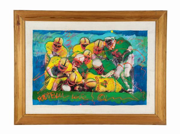 Enrico Manera - Signed and dated 1992 on the back of the canvas. 'Foot BALL LOVE' mixed technique, enamel and collage on canvas 50 x 70 cm