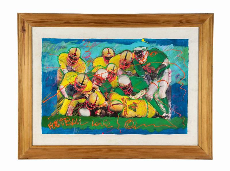 Firmato e datato 1992 sul retro della tela. "Foot BALL LOVE" tecnica mista, smalto e collage su t...