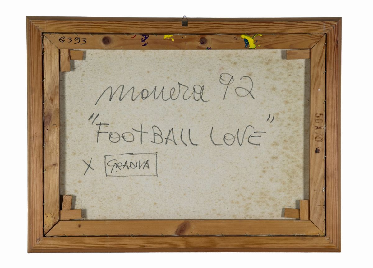Firmato e datato 1992 sul retro della tela. "Foot BALL LOVE" tecnica mista, smalto e collage su t...