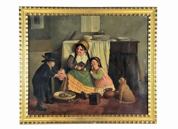 Scuola Italiana Fine XIX Secolo - "Kitchen interior with children and kitten", oil painting on canvas