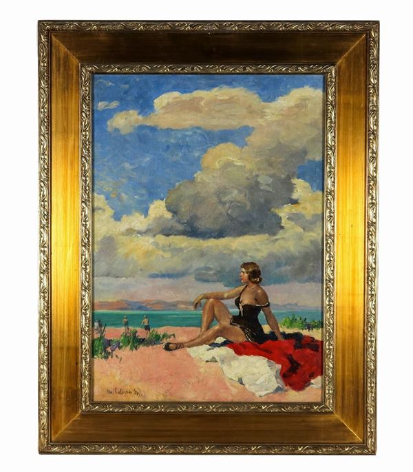 Miklos Mihalovits - Signed. "Girl on the beach", oil painting on canvas