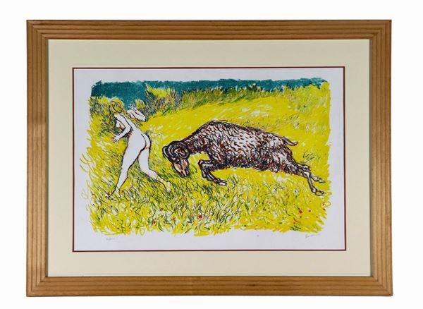 Renato Guttuso - Signed. "Woman chased by the goat" multiple color lithograph 20/120 cm 42 x 62
