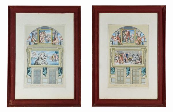 Giovanni Volpato - Signed. "Ornati di Palazzo Farnese in Rome", pair of watercolor engravings (1772-1776) from drawings by Francesco Panini and Lodovico Teseo