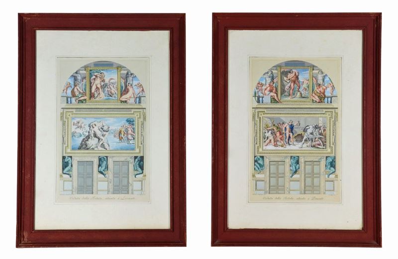 Firmate. "Ornati di Palazzo Farnese a Roma", coppia di incisioni acquarellate (1772-1776) da dise...