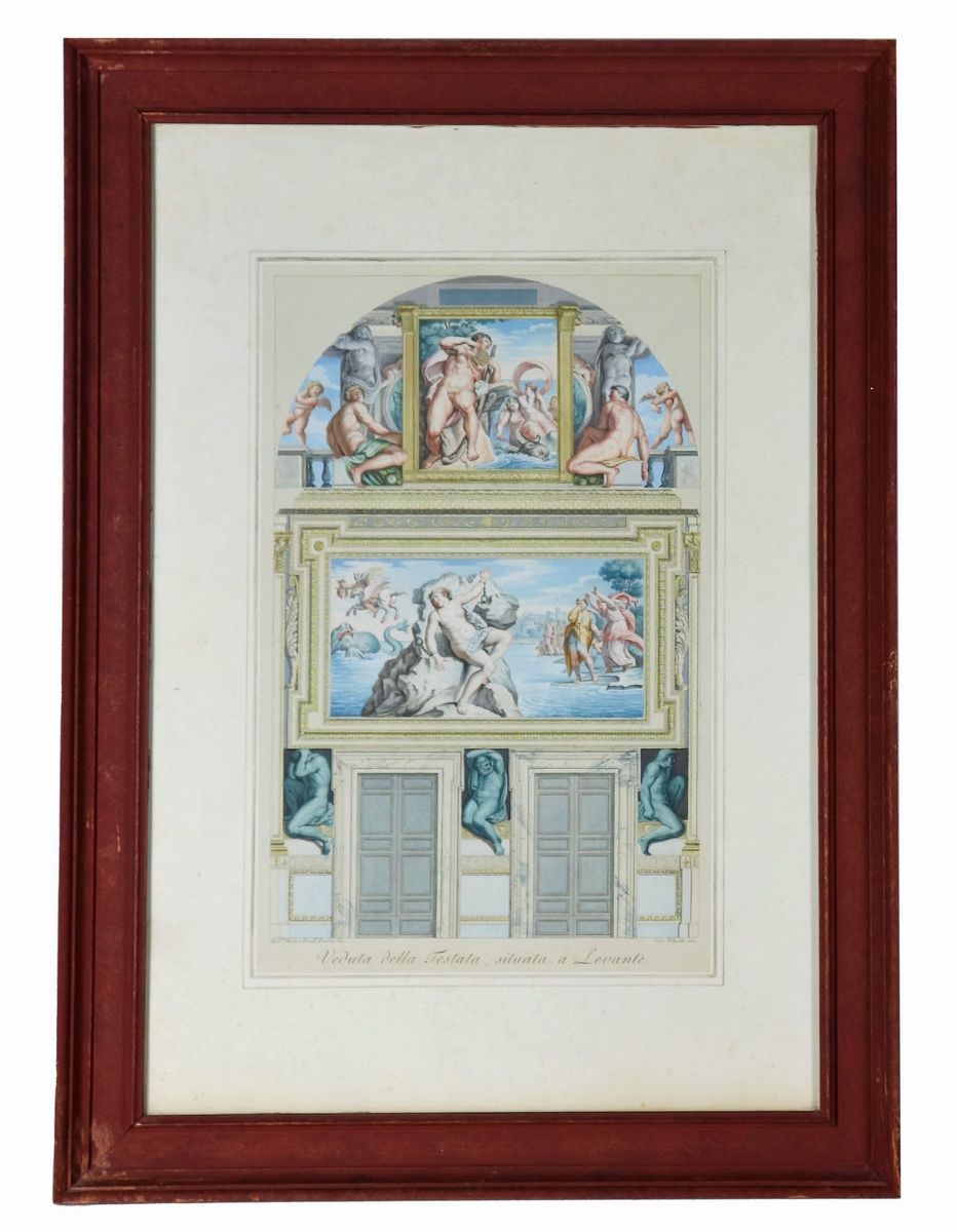 Firmate. "Ornati di Palazzo Farnese a Roma", coppia di incisioni acquarellate (1772-1776) da dise...