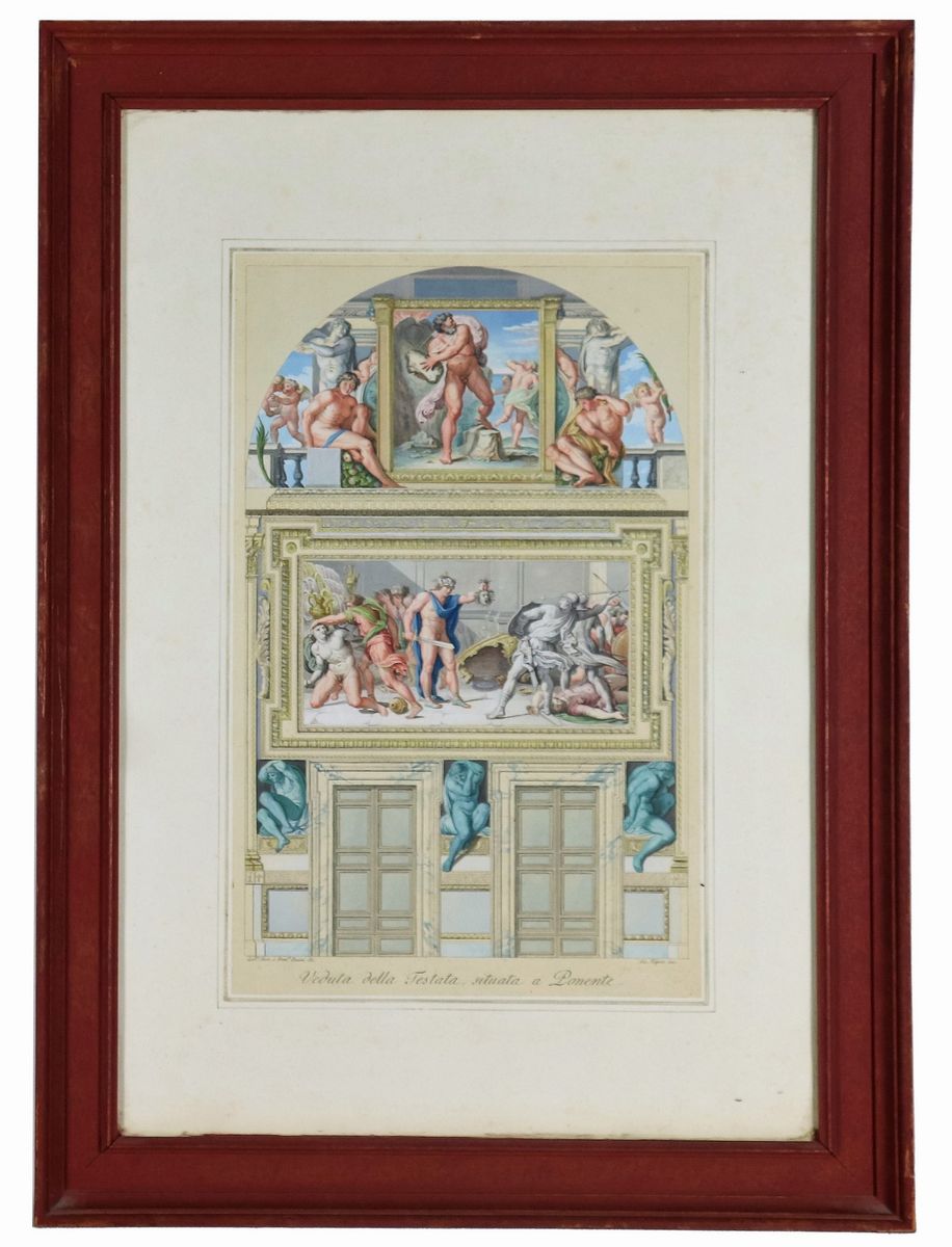 Firmate. "Ornati di Palazzo Farnese a Roma", coppia di incisioni acquarellate (1772-1776) da dise...