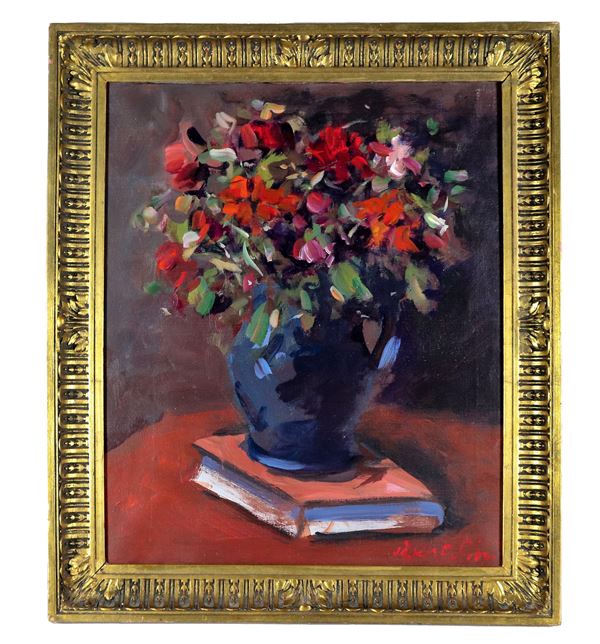 Giuseppe Bertolini - Firmato. "Vaso con fiori e libro" olio su tela cm 60 x 50