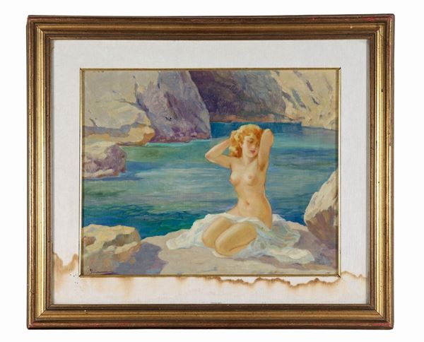 Ilio Giannaccini - Signed. "Girl nude on the rock in Capri", oil painting